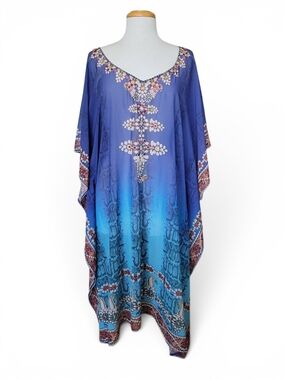 Boho Beaded Blue Ombre Floral Swim Cover-Up Kaftan L / XL